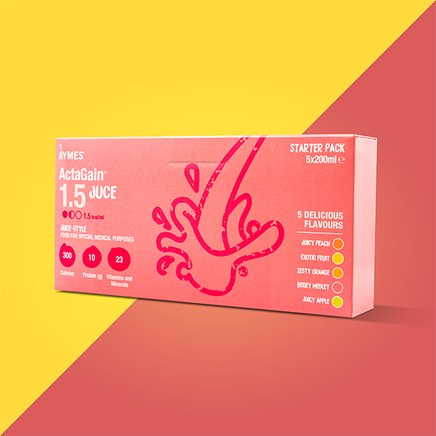 Pink packaging of ActaGain 1.5 Juice Starter Pack on a yellow and red background