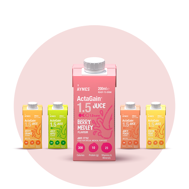 ActaGain juice packaging on a pink background