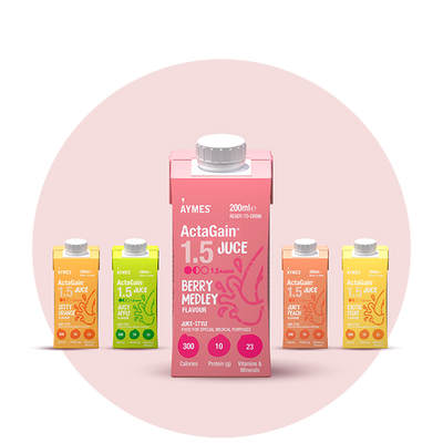ActaGain juice packaging on a pink background (Family pack)
